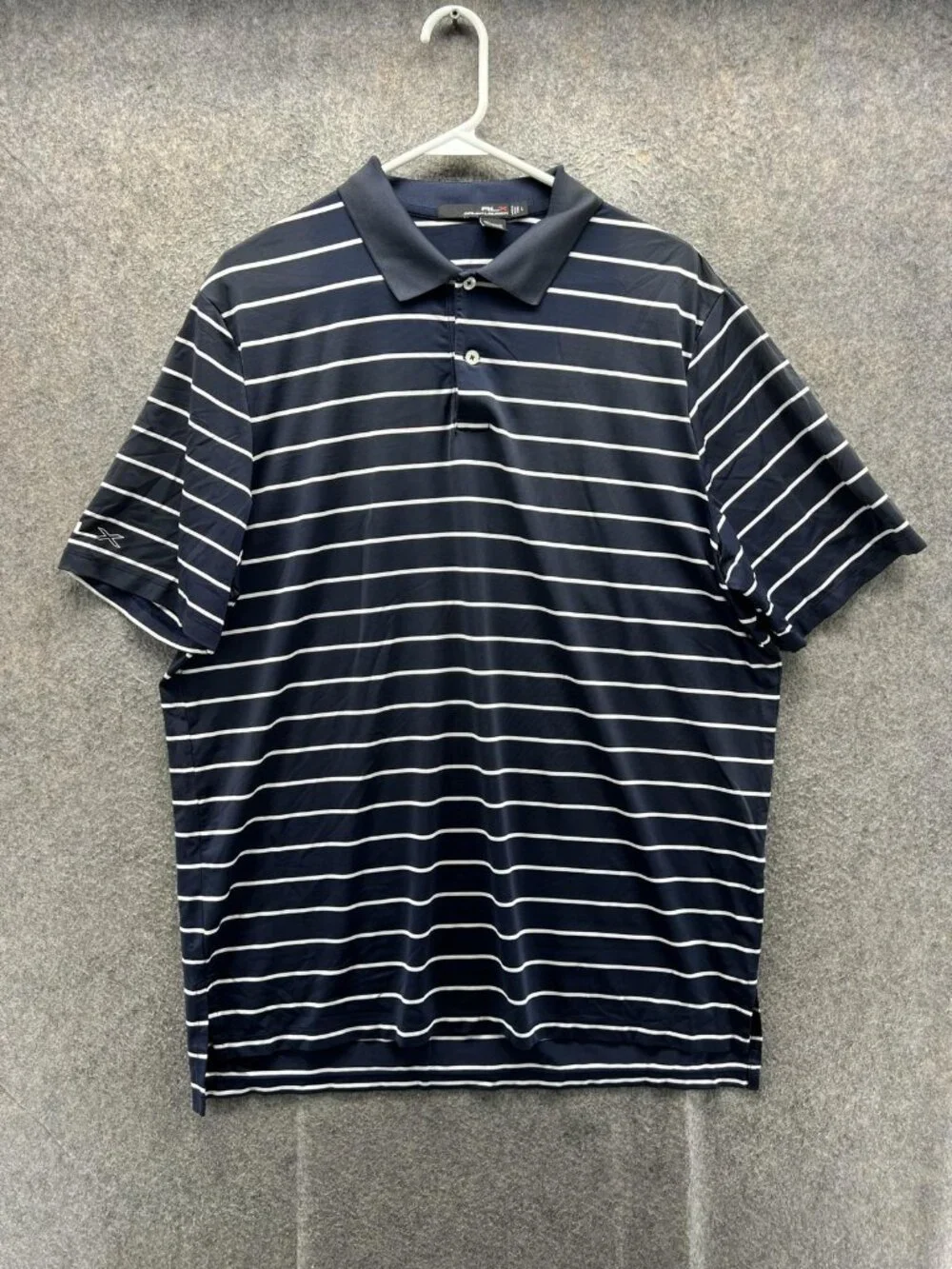 RLX Ralph Lauren Polo Shirt Mens Large Blue Striped Stretch Golf Performance